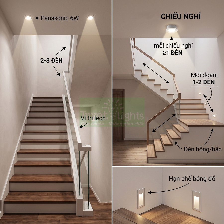 Cầu thang gỗ lắp đèn âm trần Panasonic 6W và đèn hông bậc chiếu sáng lối đi an toàn